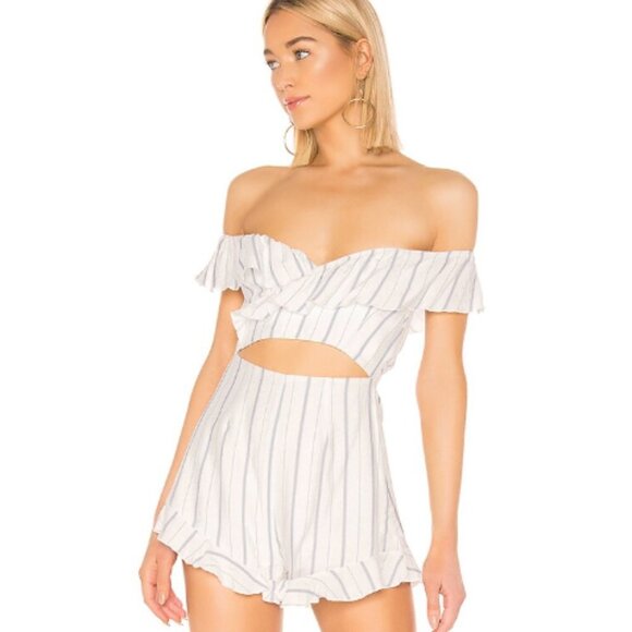superdown Pants - NWOT superdown Sarah Off Shoulder Romper in white stripe size small